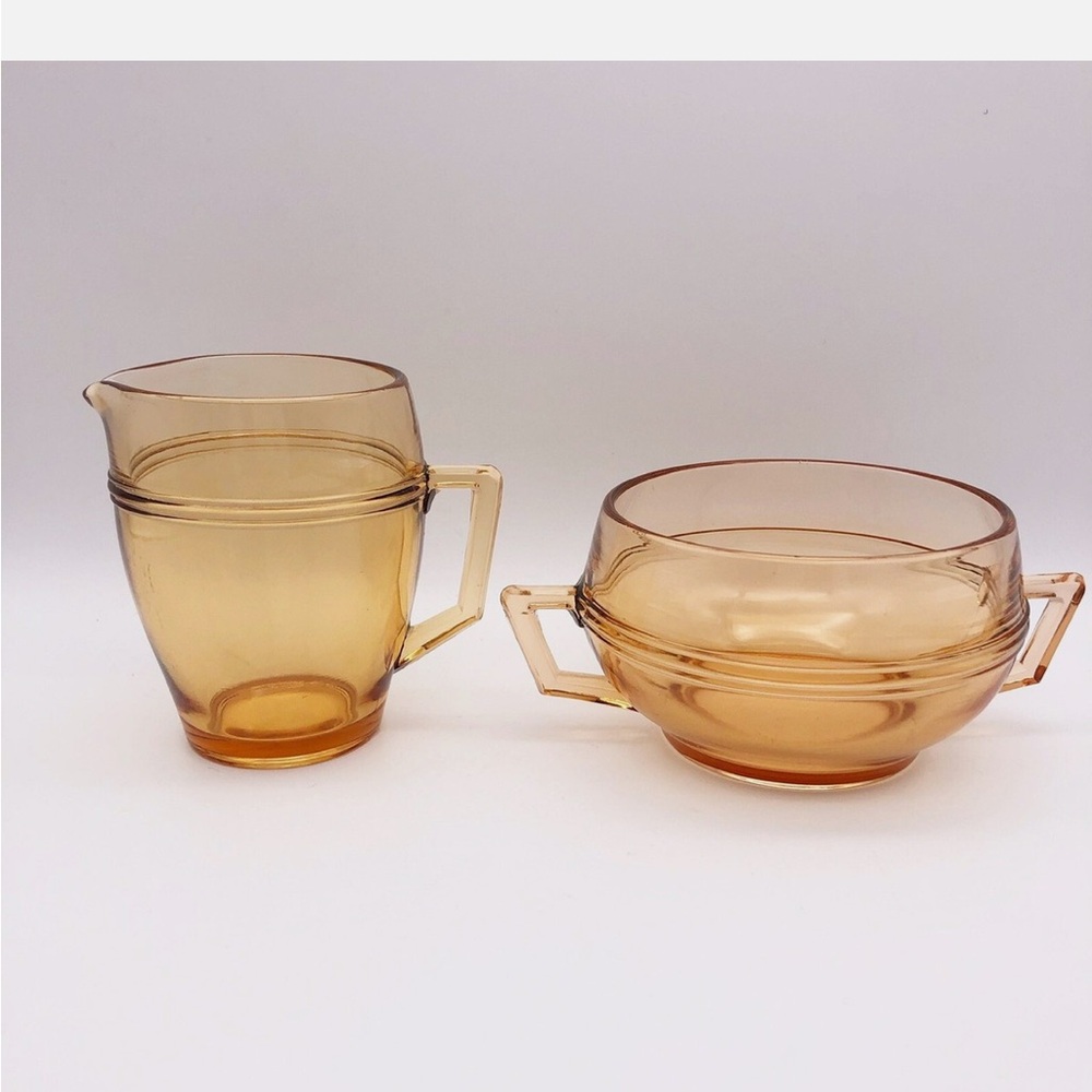 Vintage Fostoria Glassware Cream And Sugar Peach Pink Amber Art Deco MCM A135